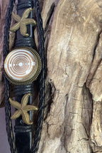 Armband-mehrsträngig, Seestern, schwarz, Symbol Lakhovsky MWO Schwingkreis Oszillator Antenne (stromlos), weiße Disc gold legiert + Kupfer unterlegt ca. 18 mm hinter Glas, Druckknopf Verschluss
