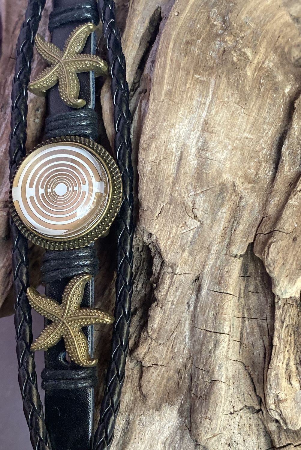 Armband-mehrsträngig, Seestern, schwarz, Symbol Lakhovsky MWO Schwingkreis Oszillator Antenne (stromlos), weiße Disc gold legiert + Kupfer unterlegt ca. 18 mm hinter Glas, Druckknopf Verschluss