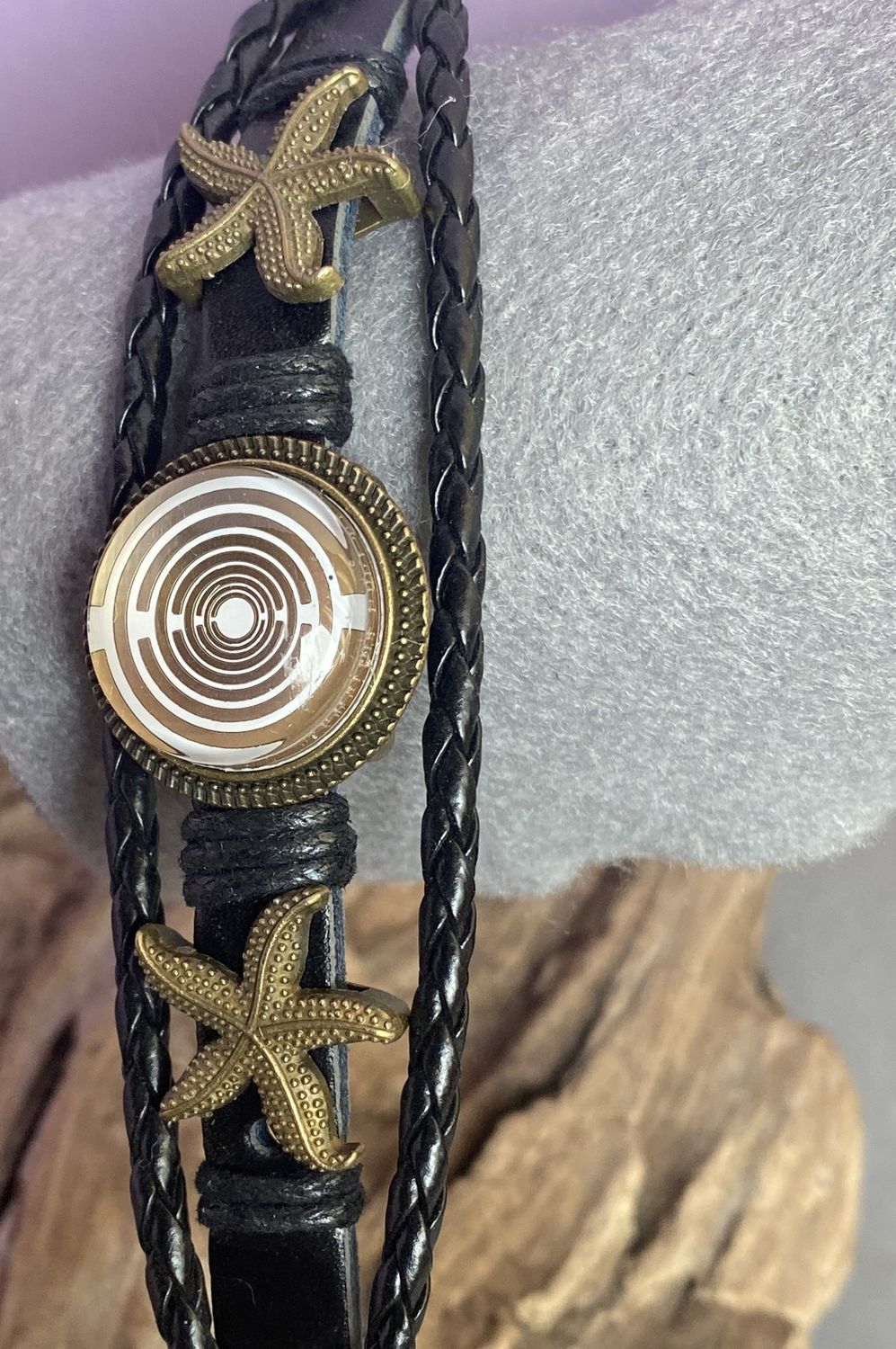 Armband-mehrsträngig, Seestern, schwarz, Symbol Lakhovsky MWO Schwingkreis Oszillator Antenne (stromlos), weiße Disc gold legiert + Kupfer unterlegt ca. 18 mm hinter Glas, Druckknopf Verschluss
