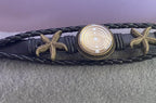 Armband-mehrsträngig, Seestern, schwarz, Symbol Lakhovsky MWO Schwingkreis Oszillator Antenne (stromlos), weiße Disc gold legiert + Kupfer unterlegt ca. 18 mm hinter Glas, Druckknopf Verschluss