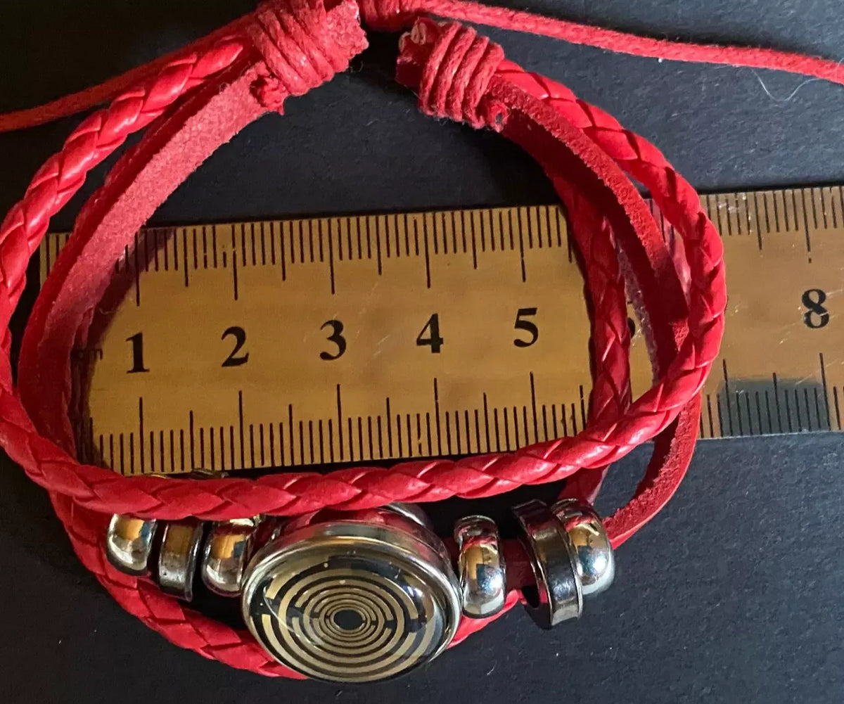 Armband-mehrsträngig, rot ,mit 2x Wechseldruckknopf,Symbol Lakhovsky MWO Schwingkreis Oszillator Antenne (stromlos), Wechsel Disc ca. 18 mm hinter Glas