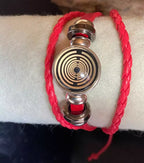 Armband-mehrsträngig, rot ,mit 2x Wechseldruckknopf,Symbol Lakhovsky MWO Schwingkreis Oszillator Antenne (stromlos), Wechsel Disc ca. 18 mm hinter Glas