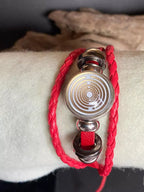 Armband-mehrsträngig, rot ,mit 2x Wechseldruckknopf,Symbol Lakhovsky MWO Schwingkreis Oszillator Antenne (stromlos), Wechsel Disc ca. 18 mm hinter Glas