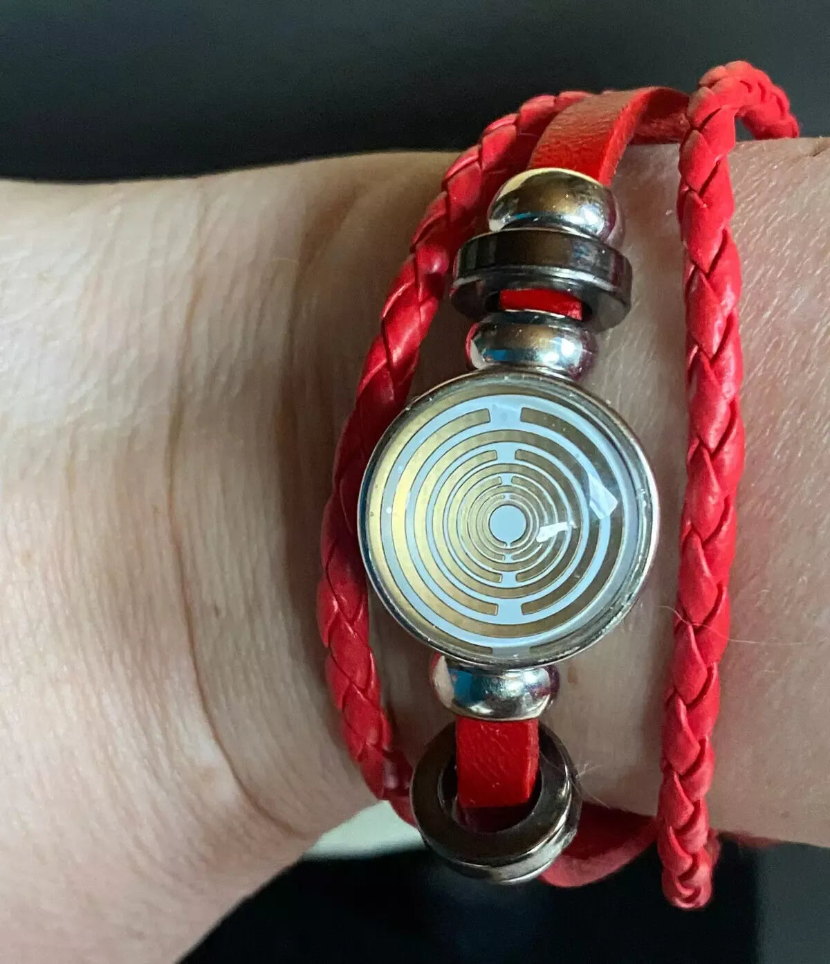 Armband-mehrsträngig, rot ,mit 2x Wechseldruckknopf,Symbol Lakhovsky MWO Schwingkreis Oszillator Antenne (stromlos), Wechsel Disc ca. 18 mm hinter Glas