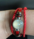 Armband-mehrsträngig, rot ,mit 2x Wechseldruckknopf,Symbol Lakhovsky MWO Schwingkreis Oszillator Antenne (stromlos), Wechsel Disc ca. 18 mm hinter Glas