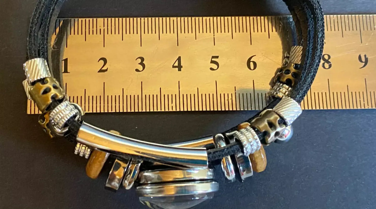 Armband-mehrsträngig, schwarz ,mit 2x Wechseldruckknopf,Symbol Lakhovsky MWO Schwingkreis Oszillator Antenne (stromlos), Wechsel Disc ca. 18 mm hinter Glas,
