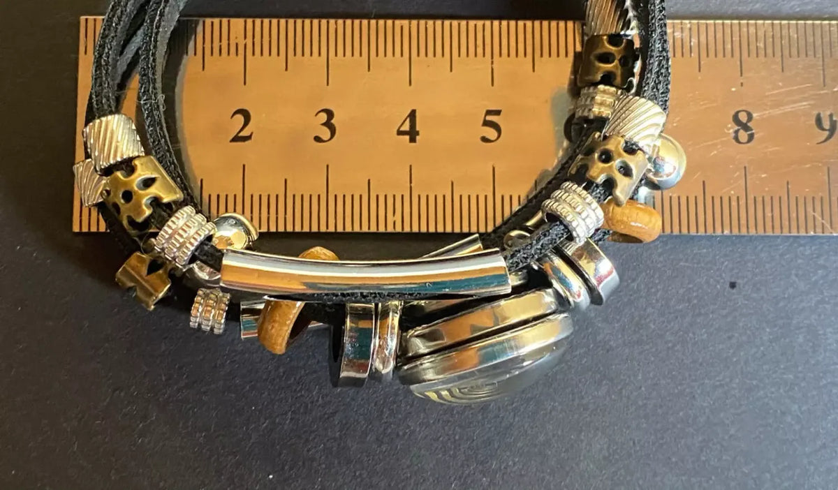 Armband-mehrsträngig, schwarz ,mit 2x Wechseldruckknopf,Symbol Lakhovsky MWO Schwingkreis Oszillator Antenne (stromlos), Wechsel Disc ca. 18 mm hinter Glas,