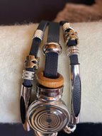 Armband-mehrsträngig, schwarz ,mit 2x Wechseldruckknopf,Symbol Lakhovsky MWO Schwingkreis Oszillator Antenne (stromlos), Wechsel Disc ca. 18 mm hinter Glas,