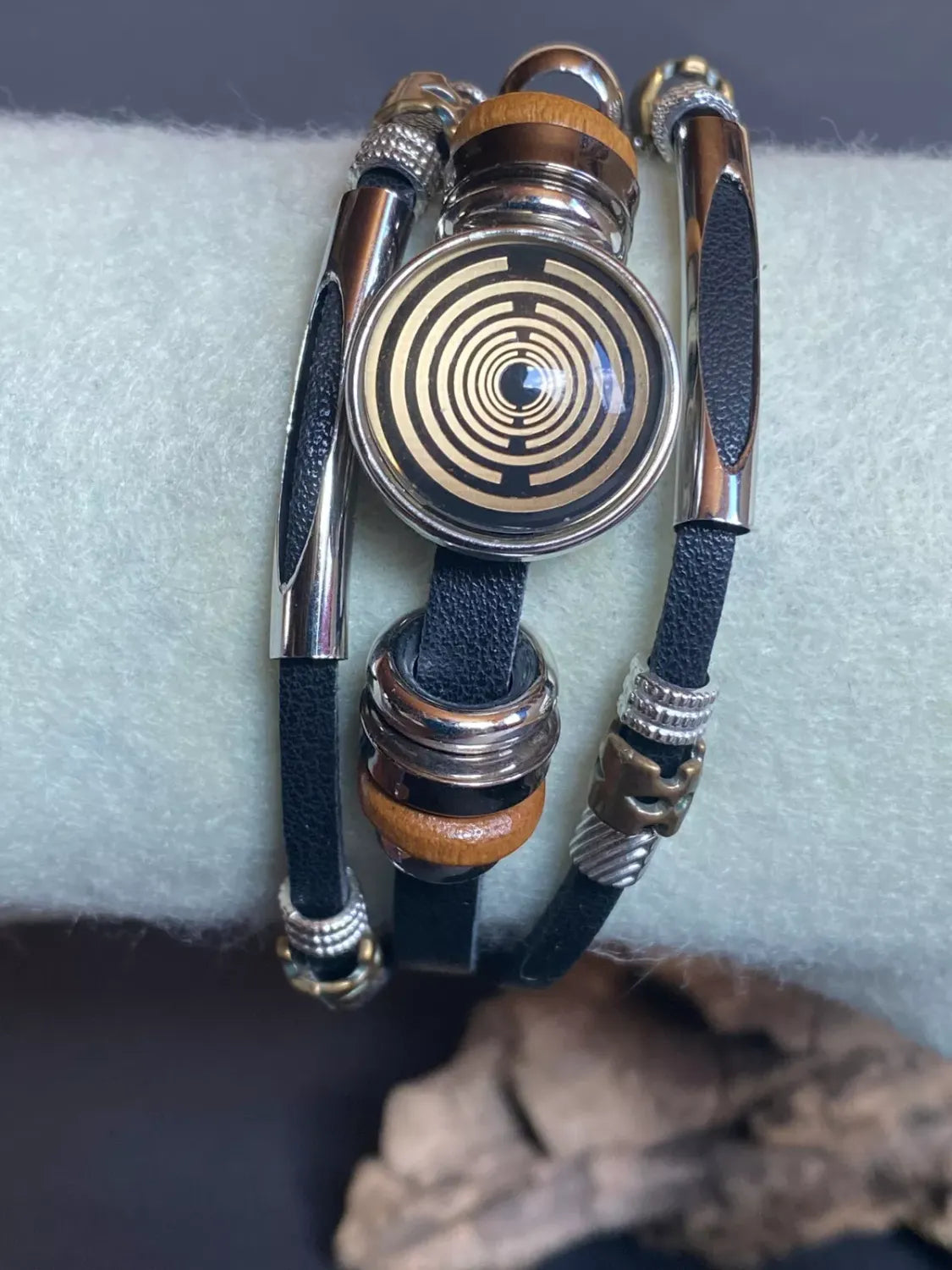 Armband-mehrsträngig, schwarz ,mit 2x Wechseldruckknopf,Symbol Lakhovsky MWO Schwingkreis Oszillator Antenne (stromlos), Wechsel Disc ca. 18 mm hinter Glas,