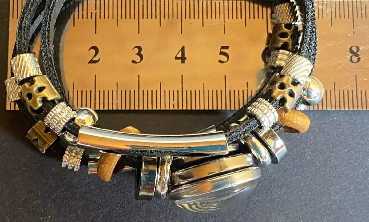 Armband-mehrsträngig, schwarz ,mit 2x Wechseldruckknopf,Symbol Lakhovsky MWO Schwingkreis Oszillator Antenne (stromlos), Wechsel Disc ca. 18 mm hinter Glas,