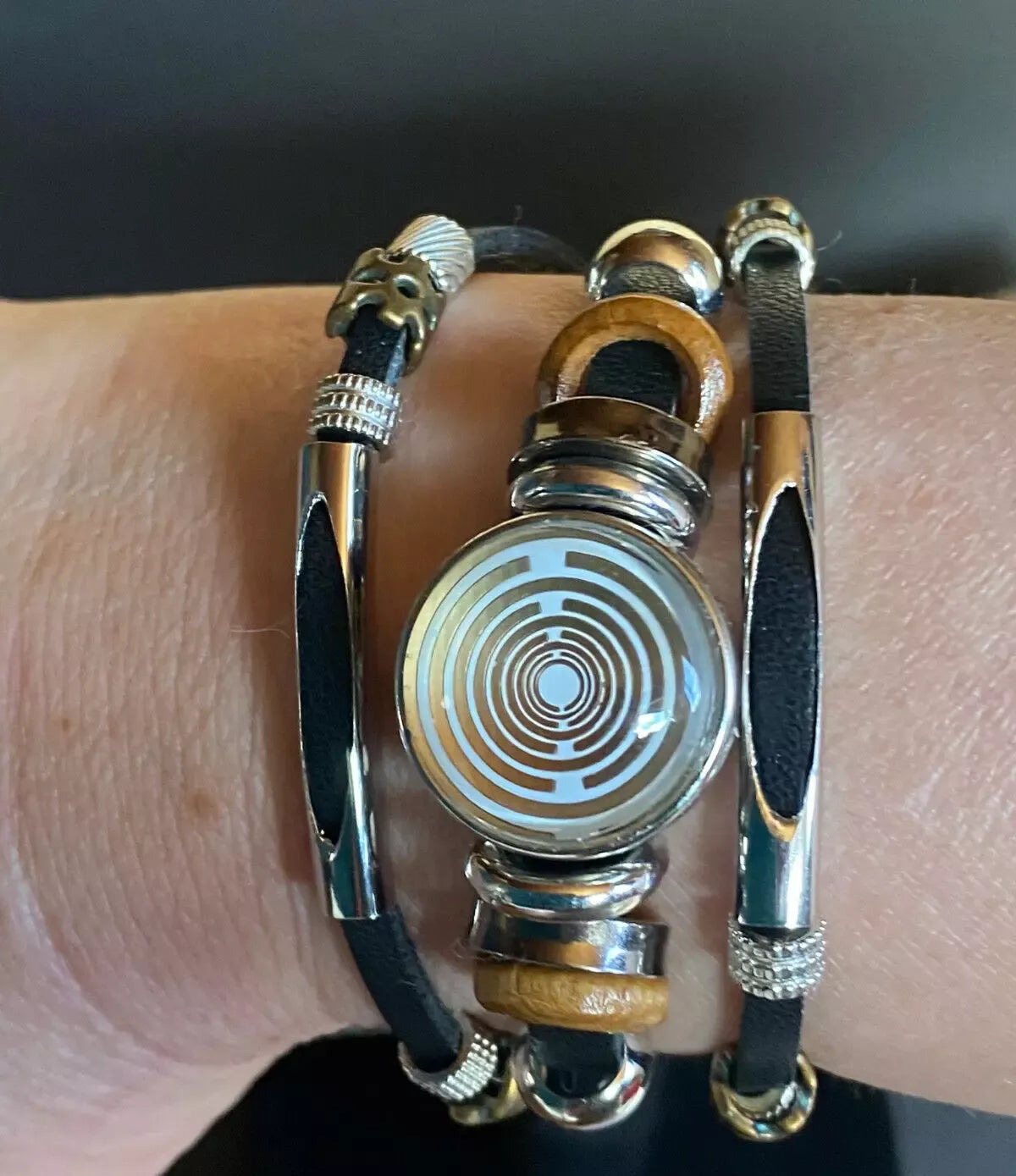 Armband-mehrsträngig, schwarz ,mit 2x Wechseldruckknopf,Symbol Lakhovsky MWO Schwingkreis Oszillator Antenne (stromlos), Wechsel Disc ca. 18 mm hinter Glas,