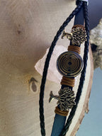 Armband-mehrsträngig, Baum des Lebens, blau, Symbol Lakhovsky MWO Schwingkreis Oszillator Antenne (stromlos), schwarze Disc gold legiert + Kupfer unterlegt ca. 18 mm hinter Glas, Einhak Verschluss
