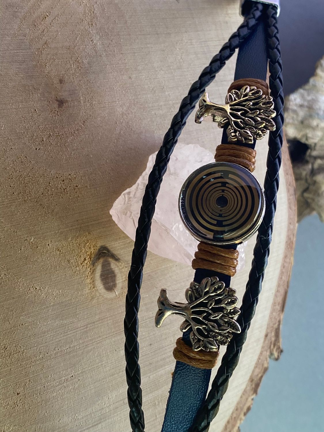 Armband-mehrsträngig, Baum des Lebens, blau, Symbol Lakhovsky MWO Schwingkreis Oszillator Antenne (stromlos), schwarze Disc gold legiert + Kupfer unterlegt ca. 18 mm hinter Glas, Einhak Verschluss