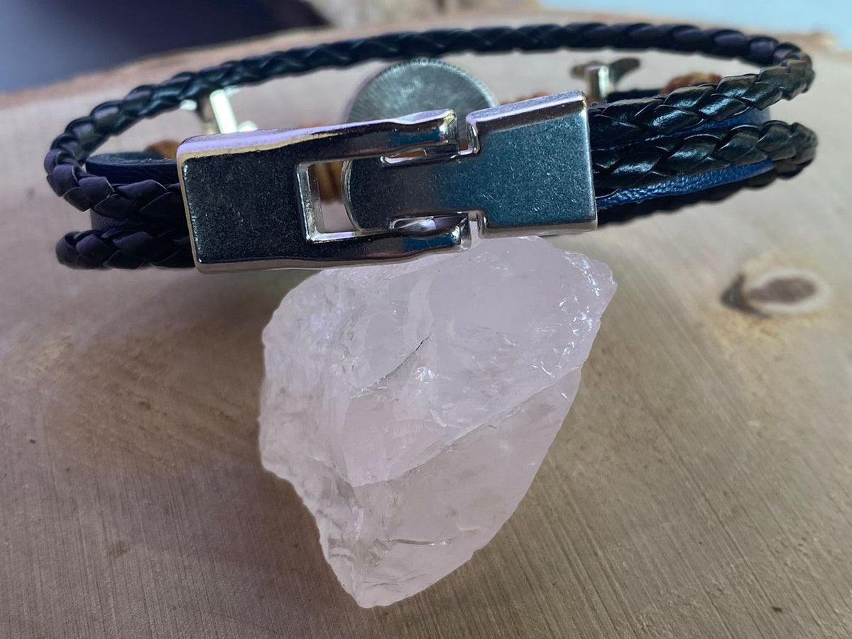 Armband-mehrsträngig, Baum des Lebens, blau, Symbol Lakhovsky MWO Schwingkreis Oszillator Antenne (stromlos), schwarze Disc gold legiert + Kupfer unterlegt ca. 18 mm hinter Glas, Einhak Verschluss