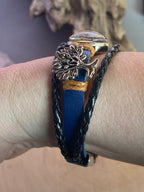Armband-mehrsträngig, Baum des Lebens, blau, Symbol Lakhovsky MWO Schwingkreis Oszillator Antenne (stromlos), schwarze Disc gold legiert + Kupfer unterlegt ca. 18 mm hinter Glas, Einhak Verschluss