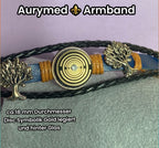 Armband-mehrsträngig, Baum des Lebens, blau, Symbol Lakhovsky MWO Schwingkreis Oszillator Antenne (stromlos), schwarze Disc gold legiert + Kupfer unterlegt ca. 18 mm hinter Glas, Einhak Verschluss