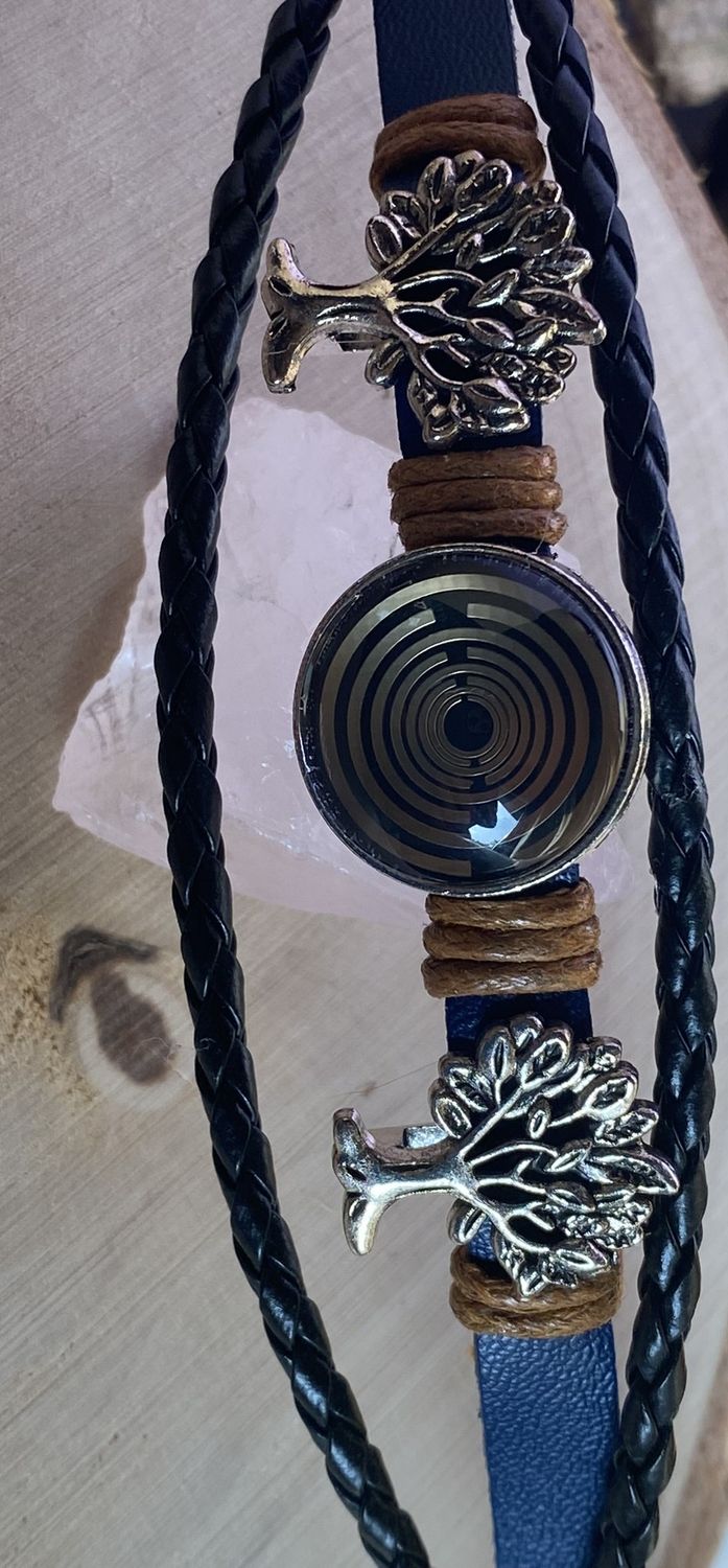 Armband-mehrsträngig, Baum des Lebens, blau, Symbol Lakhovsky MWO Schwingkreis Oszillator Antenne (stromlos), schwarze Disc gold legiert + Kupfer unterlegt ca. 18 mm hinter Glas, Einhak Verschluss