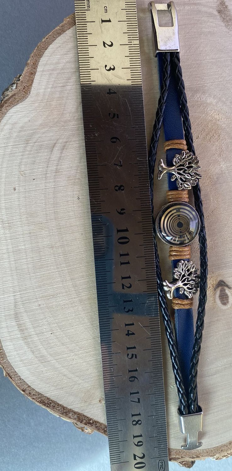 Armband-mehrsträngig, Baum des Lebens, blau, Symbol Lakhovsky MWO Schwingkreis Oszillator Antenne (stromlos), schwarze Disc gold legiert + Kupfer unterlegt ca. 18 mm hinter Glas, Einhak Verschluss