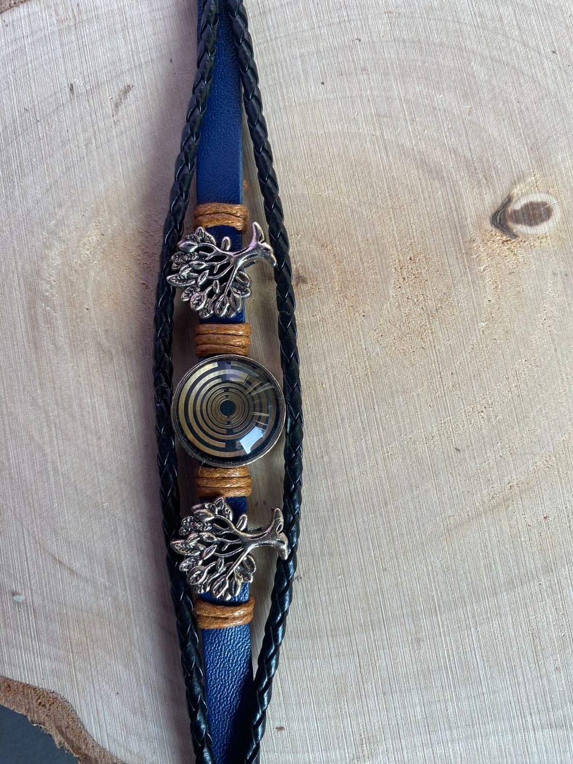 Armband-mehrsträngig, Baum des Lebens, blau, Symbol Lakhovsky MWO Schwingkreis Oszillator Antenne (stromlos), schwarze Disc gold legiert + Kupfer unterlegt ca. 18 mm hinter Glas, Einhak Verschluss