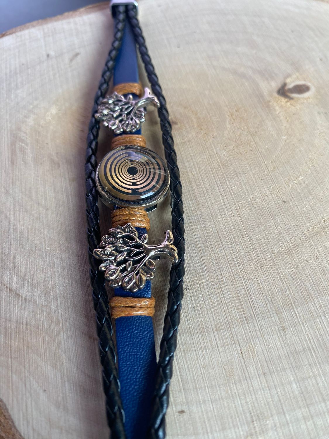 Armband-mehrsträngig, Baum des Lebens, blau, Symbol Lakhovsky MWO Schwingkreis Oszillator Antenne (stromlos), schwarze Disc gold legiert + Kupfer unterlegt ca. 18 mm hinter Glas, Einhak Verschluss
