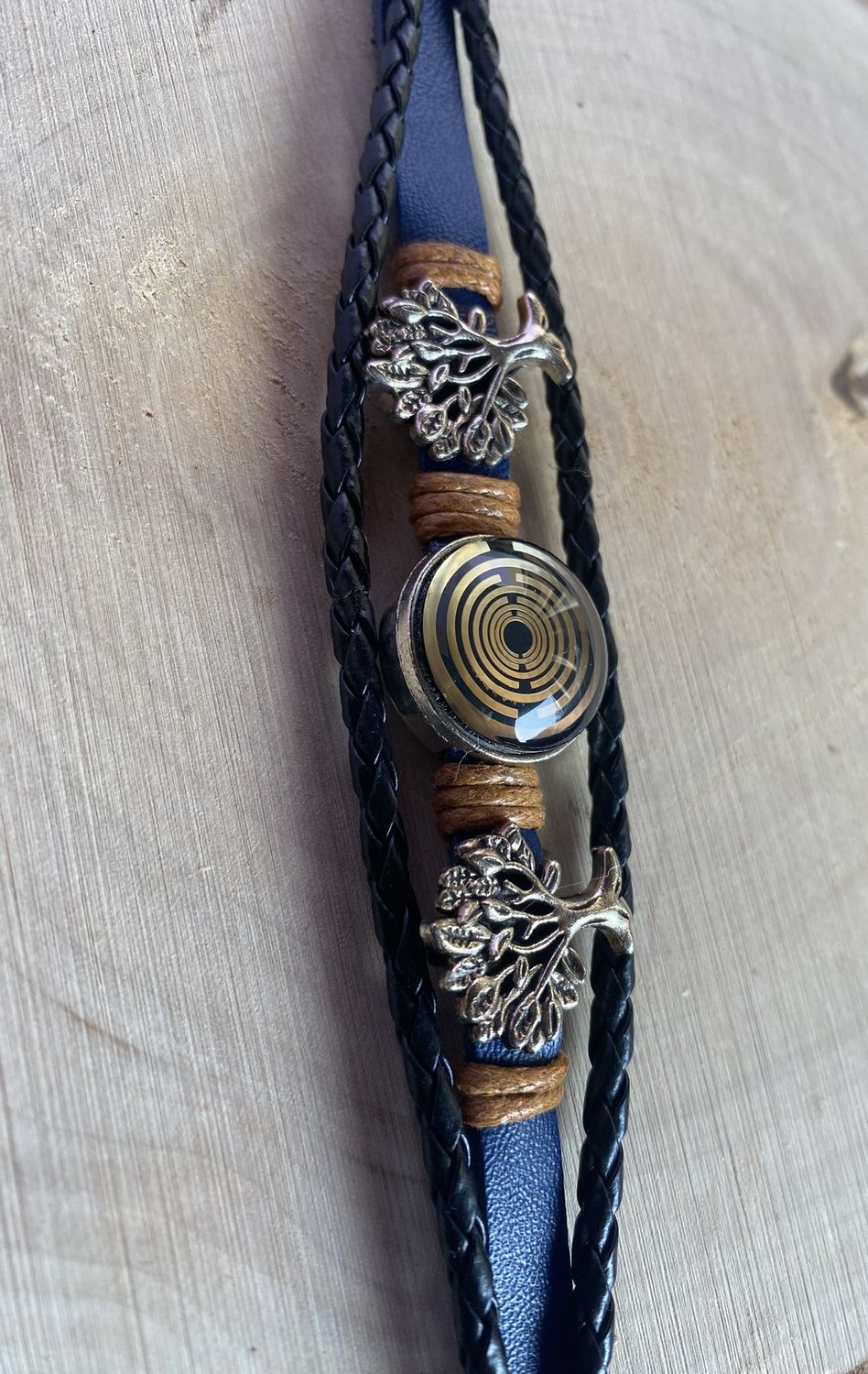 Armband-mehrsträngig, Baum des Lebens, blau, Symbol Lakhovsky MWO Schwingkreis Oszillator Antenne (stromlos), schwarze Disc gold legiert + Kupfer unterlegt ca. 18 mm hinter Glas, Einhak Verschluss