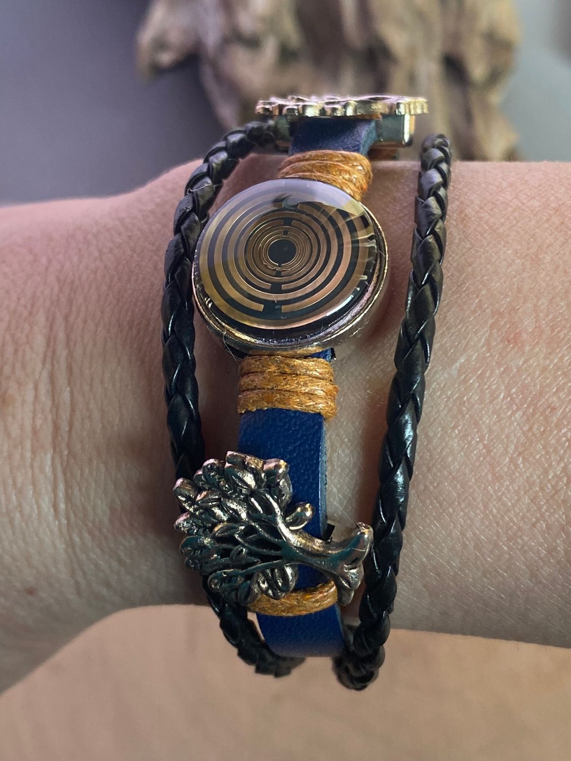 Armband-mehrsträngig, Baum des Lebens, blau, Symbol Lakhovsky MWO Schwingkreis Oszillator Antenne (stromlos), schwarze Disc gold legiert + Kupfer unterlegt ca. 18 mm hinter Glas, Einhak Verschluss