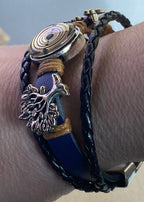 Armband-mehrsträngig, Baum des Lebens, blau, Symbol Lakhovsky MWO Schwingkreis Oszillator Antenne (stromlos), schwarze Disc gold legiert + Kupfer unterlegt ca. 18 mm hinter Glas, Einhak Verschluss