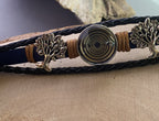 Armband-mehrsträngig, Baum des Lebens, blau, Symbol Lakhovsky MWO Schwingkreis Oszillator Antenne (stromlos), schwarze Disc gold legiert + Kupfer unterlegt ca. 18 mm hinter Glas, Einhak Verschluss