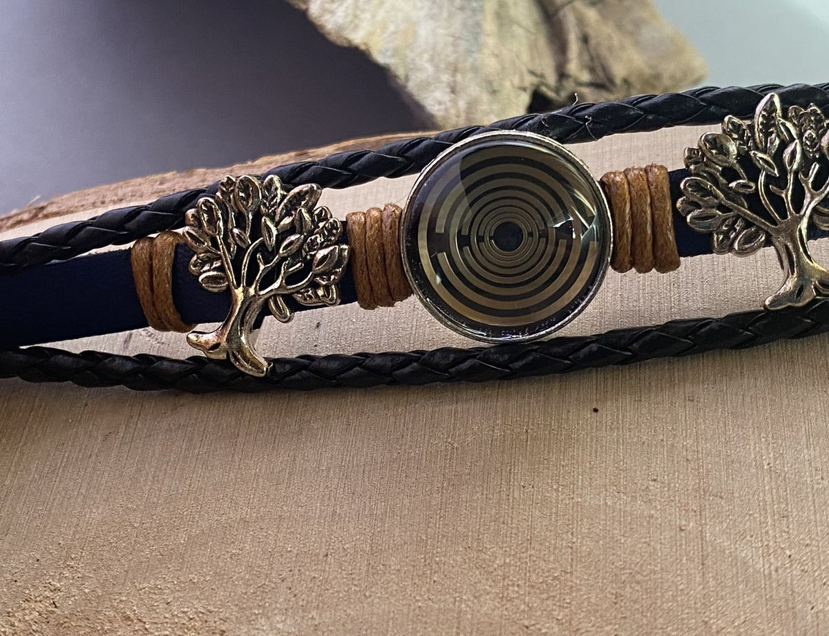 Armband-mehrsträngig, Baum des Lebens, blau, Symbol Lakhovsky MWO Schwingkreis Oszillator Antenne (stromlos), schwarze Disc gold legiert + Kupfer unterlegt ca. 18 mm hinter Glas, Einhak Verschluss