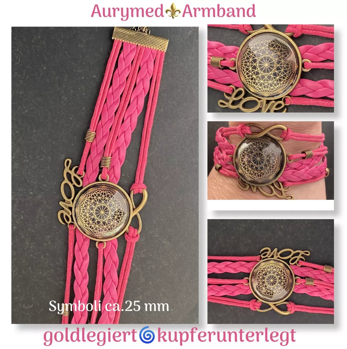 Armband - Dodecagram als nachtschwarzer ca. 25 mm großer Coin (hinter Glas) mit Goldlegierung in pinkes mehrsträngiges Band eingearbeitet
