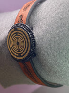 Armband - Feder, braun eingearbeitete Lakhovsky MWO Schwingkreis Oszillator Antenne (stromlos), Disc gold legiert + Kupfer unterlegt ca. 18 mm
