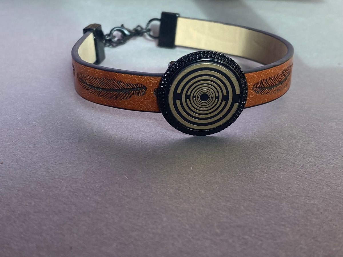 Armband - Feder, braun eingearbeitete Lakhovsky MWO Schwingkreis Oszillator Antenne (stromlos), Disc gold legiert + Kupfer unterlegt ca. 18 mm