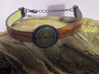 Armband - Feder, braun eingearbeitete Lakhovsky MWO Schwingkreis Oszillator Antenne (stromlos), Disc gold legiert + Kupfer unterlegt ca. 18 mm