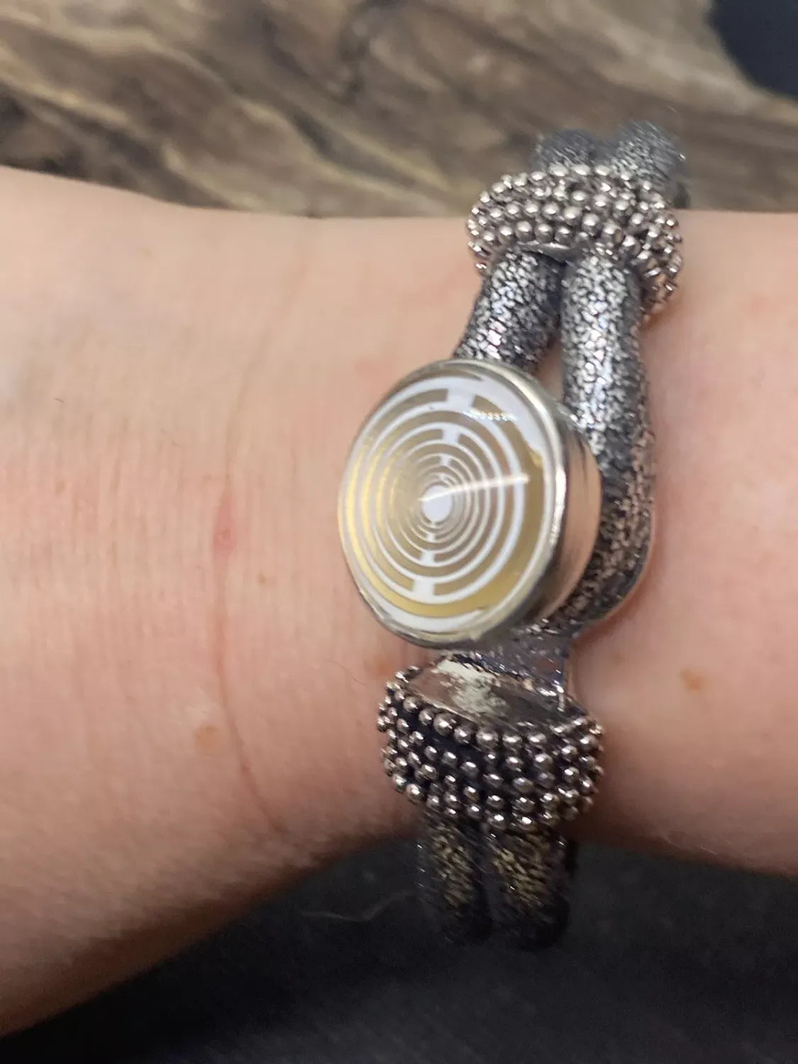 Armband-silberfarbend,mit 2x Wechseldruckknopf,Symbol Lakhovsky MWO Schwingkreis Oszillator Antenne (stromlos), Wechsel Disc ca. 18 mm hinter Glas,