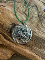 Amulett – Fassung Blume des Lebens – Bifilar / Fermat + Vector Equilibrium – 30 mm / goldlegiert / nachtschwarz – Produktansi