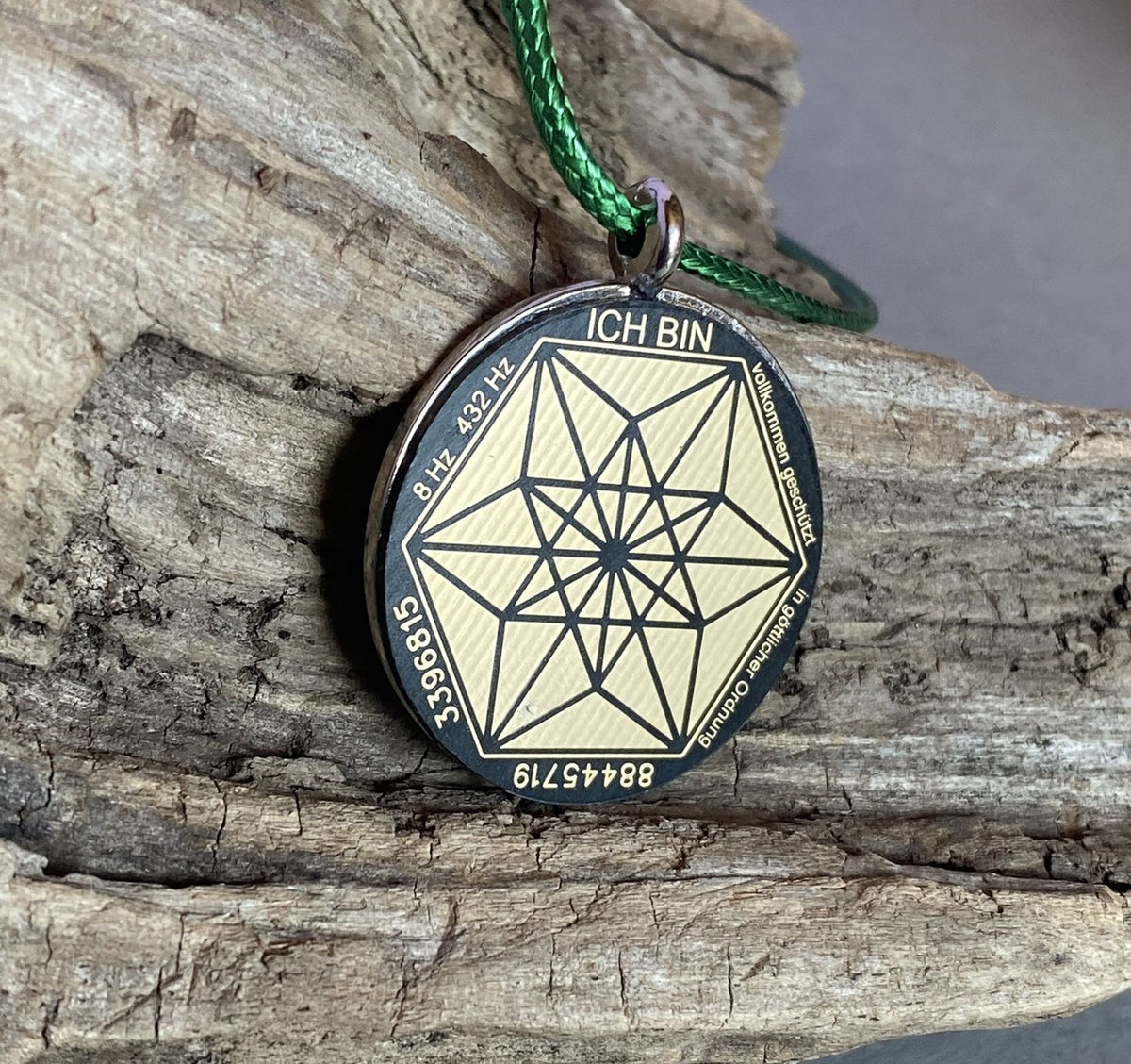 Amulett – Fassung Blume des Lebens – Bifilar / Fermat + Vector Equilibrium – 30 mm / goldlegiert / nachtschwarz – Produktansi