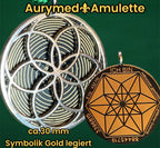 Amulett – Fassung Blume des Lebens – Bifilar / Fermat + Vector Equilibrium – 30 mm / goldlegiert / nachtschwarz – Produktansi