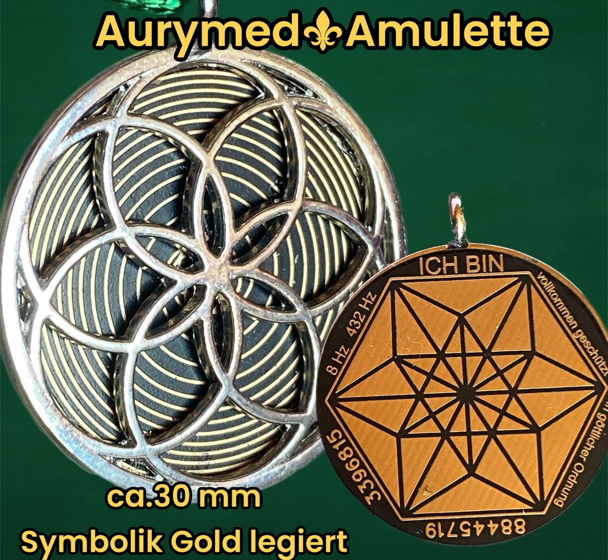 Amulett – Fassung Blume des Lebens – Bifilar / Fermat + Vector Equilibrium – 30 mm / goldlegiert / nachtschwarz – Produktansi