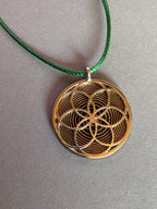 Amulett – Fassung Blume des Lebens – Bifilar / Fermat + Vector Equilibrium – 30 mm / goldlegiert / nachtschwarz – Produktansi