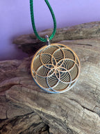 Amulett – Fassung Blume des Lebens – Bifilar / Fermat + Vector Equilibrium – 30 mm / goldlegiert / nachtschwarz – Produktansi