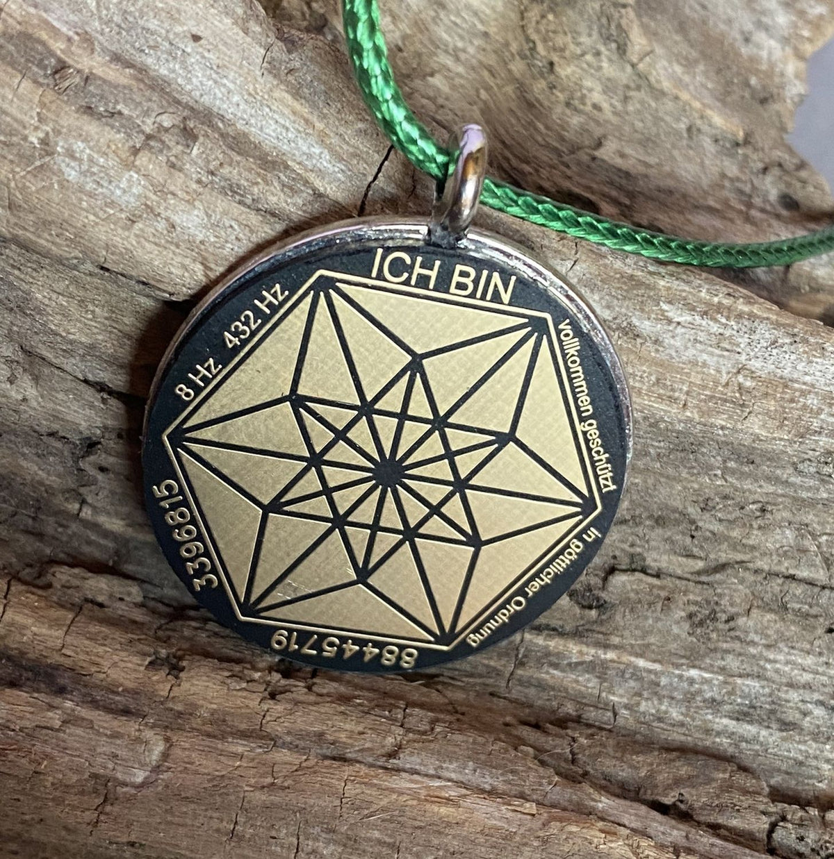Amulett – Fassung Blume des Lebens – Bifilar / Fermat + Vector Equilibrium – 30 mm / goldlegiert / nachtschwarz – Produktansi
