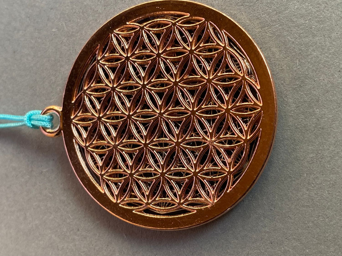 Amulett – Blume des Lebens, Dodecagram als nachtschwarzer 35 mm Coin mit Gold Legierung eingearbeitet – Produktansicht 1