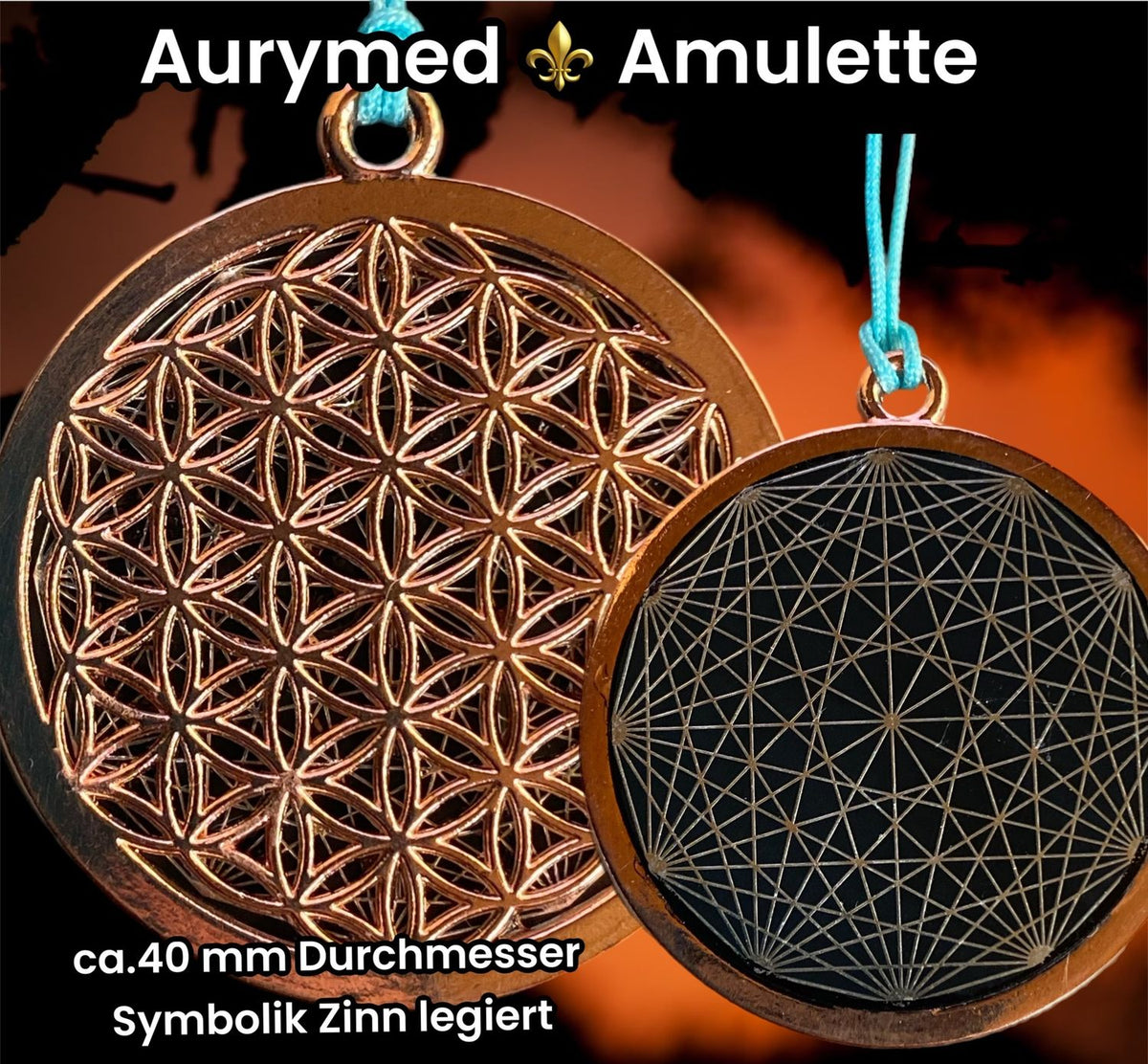 Amulett – Blume des Lebens, Dodecagram als nachtschwarzer 35 mm Coin mit Gold Legierung eingearbeitet – Produktansicht 1