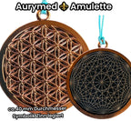 Amulett – Blume des Lebens, Dodecagram als nachtschwarzer 35 mm Coin mit Gold Legierung eingearbeitet – Produktansicht 1