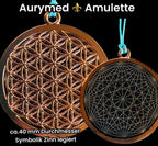 Amulett – Blume des Lebens, Dodecagram als nachtschwarzer 35 mm Coin mit Gold Legierung eingearbeitet – Produktansicht 1