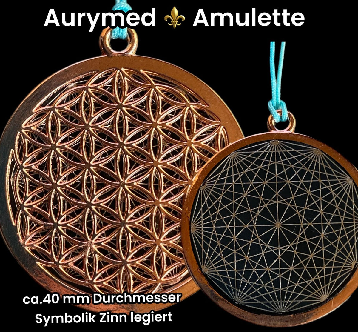 Amulett – Blume des Lebens, Dodecagram als nachtschwarzer 35 mm Coin mit Gold Legierung eingearbeitet – Produktansicht 1