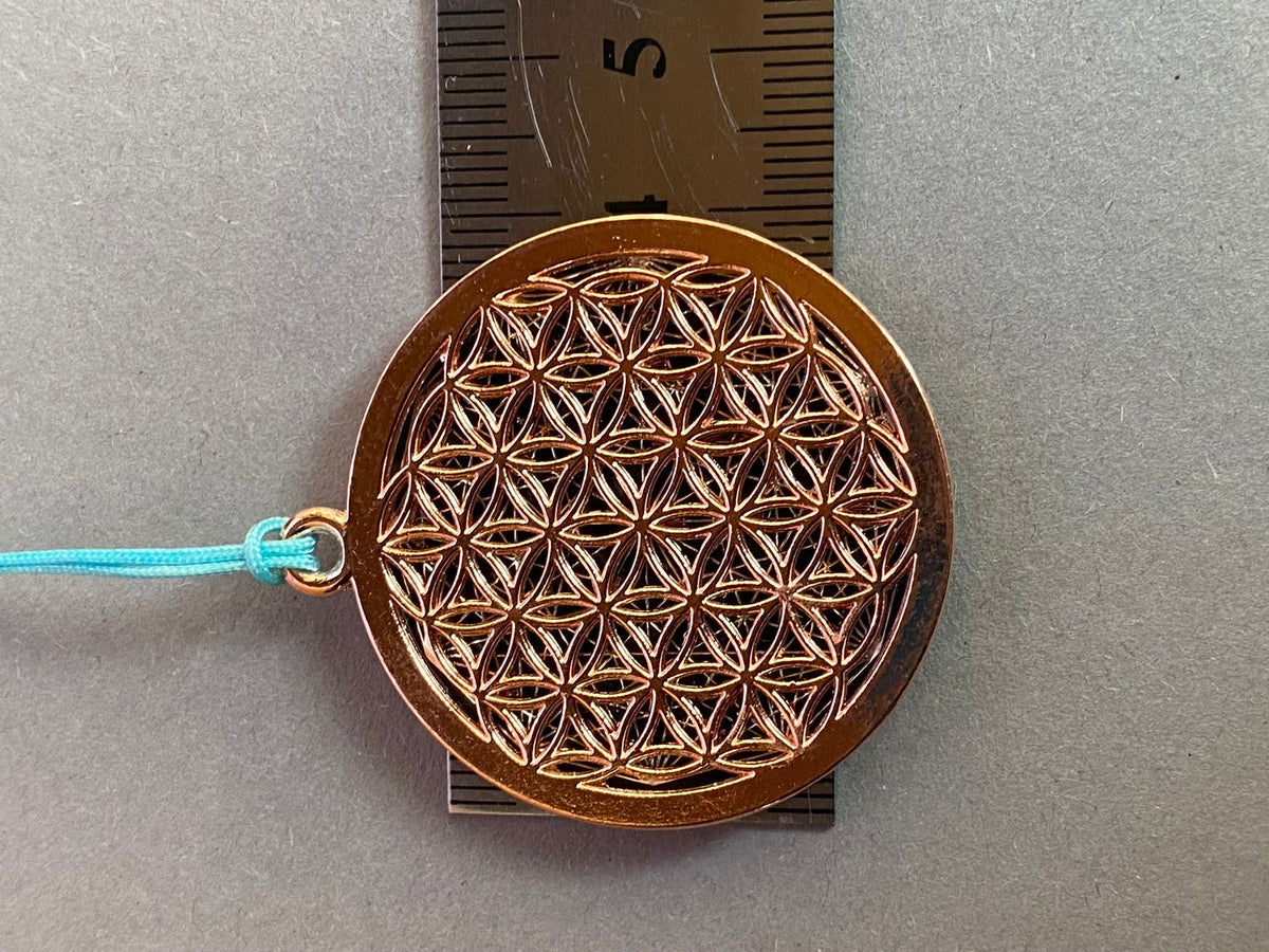 Amulett – Blume des Lebens, Dodecagram als nachtschwarzer 35 mm Coin mit Gold Legierung eingearbeitet – Produktansicht 1