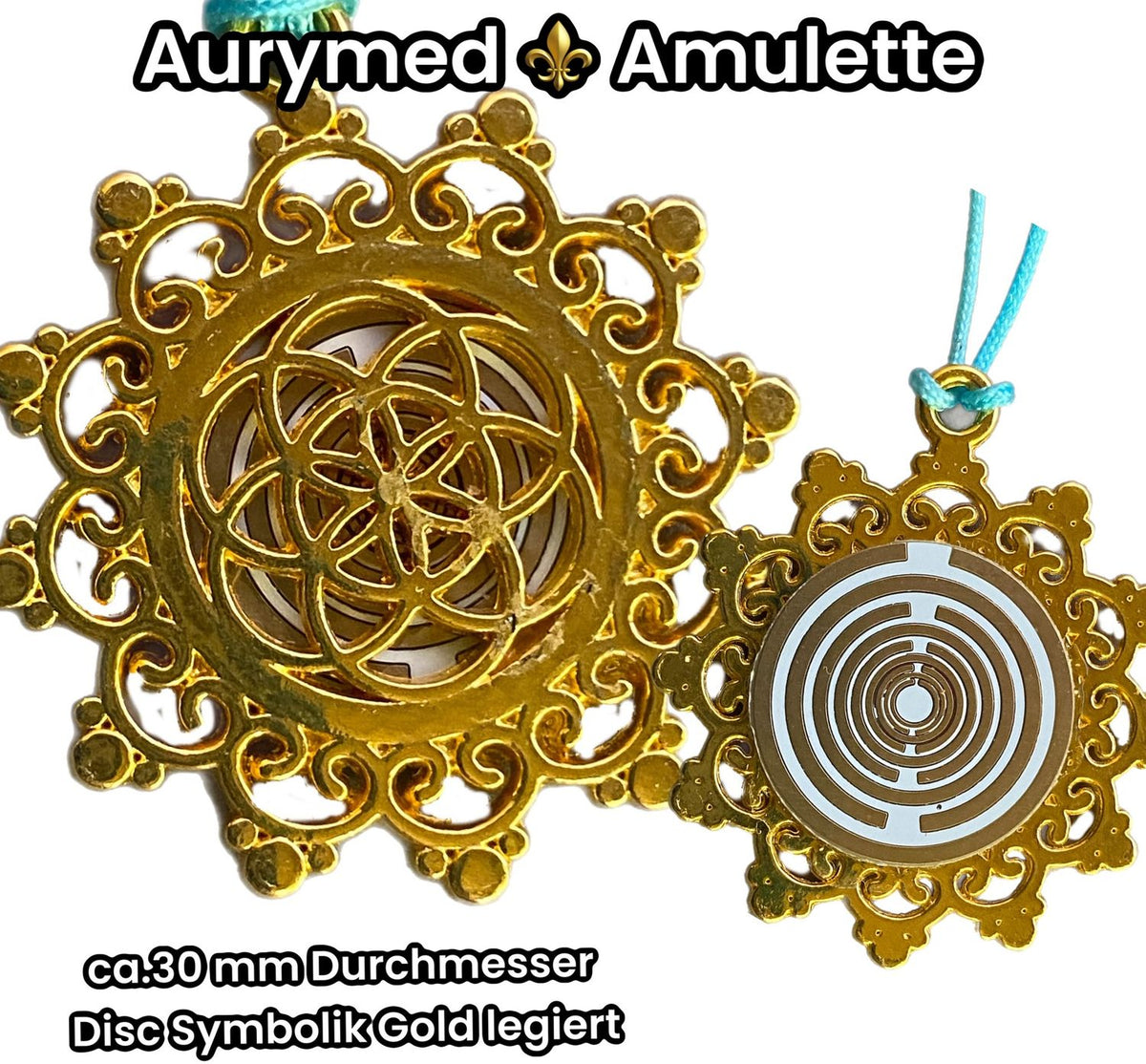 Amulett – Blume des Lebens, Lakhovsky MWOals weißer Coin mit goldlegiert eingearbeitet – Produktansicht 1