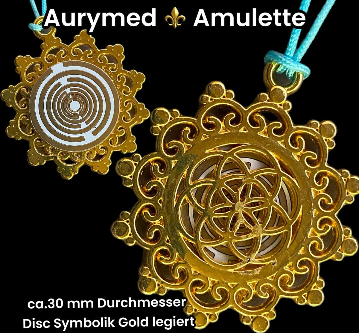 Amulett – Blume des Lebens, Lakhovsky MWOals weißer Coin mit goldlegiert eingearbeitet – Produktansicht 1