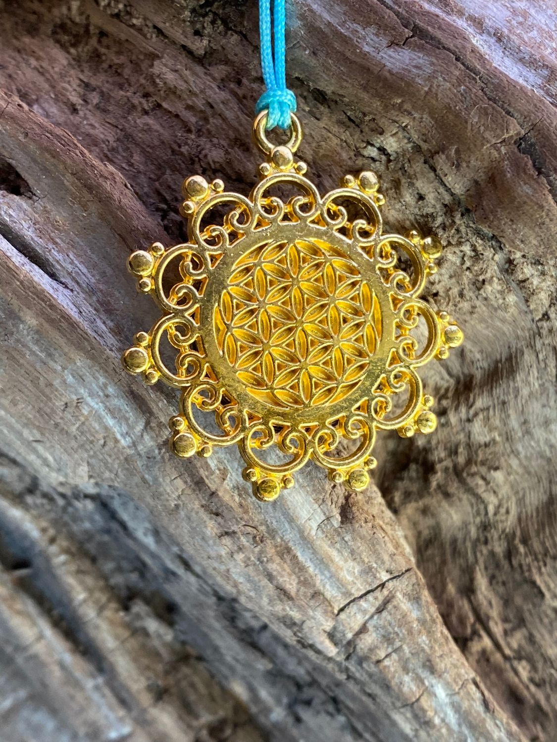 Amulett – Blume des Lebens, Lakhovsky MWOals schwarzer Coin mit goldlegiert eingearbeitet – Produktansicht 1